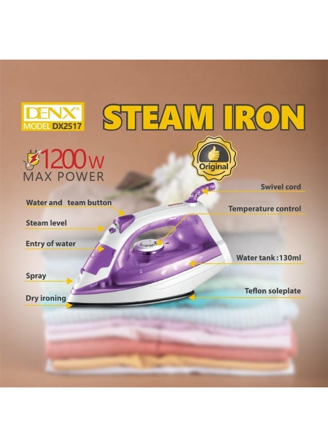 Denx Steam and Dry Iron with Teflon Soleplate – 1200W – Blue & White - Image 2