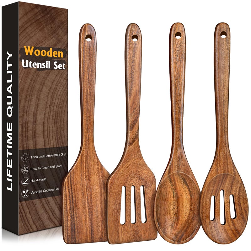 MemoGem 4Pcs Wooden Spatula for Cooking, Acacia Wooden Spatula for Kitchen Use, Nonstick Cookware Safe Utensils Set for Cooking, Mixing, Serving, Draining, Ideal Cooking Utensils Gift - Image 1