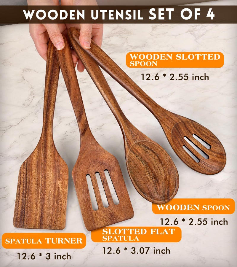 MemoGem 4Pcs Wooden Spatula for Cooking, Acacia Wooden Spatula for Kitchen Use, Nonstick Cookware Safe Utensils Set for Cooking, Mixing, Serving, Draining, Ideal Cooking Utensils Gift - Image 2