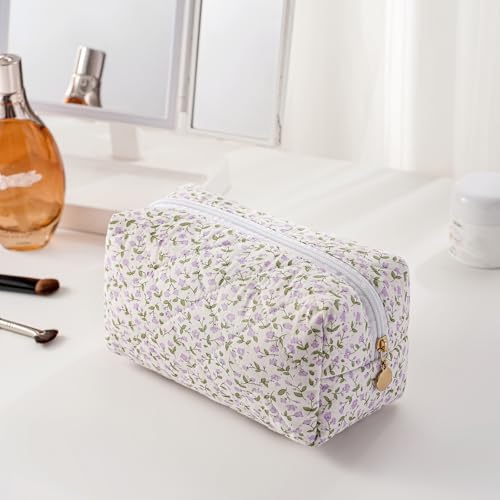 JOVAKIT 2Pcs Makeup Bag Quilted Cosmetic Bag for Women Girls Floral Coquette Cotton Toiletry Zipper Make Up Pouch Travel Storage Organizer Pouch Purple Floral - Image 3