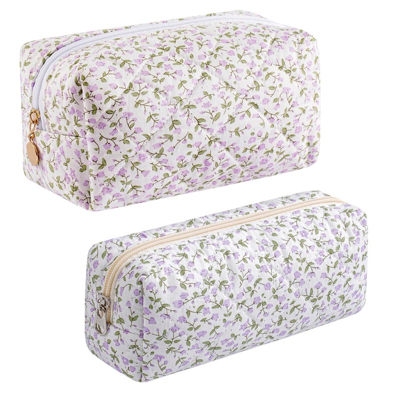 JOVAKIT 2Pcs Makeup Bag Quilted Cosmetic Bag for Women Girls Floral Coquette Cotton Toiletry Zipper Make Up Pouch Travel Storage Organizer Pouch Purple Floral - Image 2