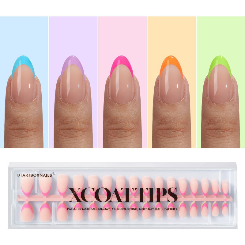 BTArtboxnails XCOATTIPS French Gel Nails - French Tip Press on Nails, Short Almond Nail Tips, Brighter Pastel Soft Gel Nails False Nail, Soak Off Acrylic Fake Nails Art Extensions - Image 1