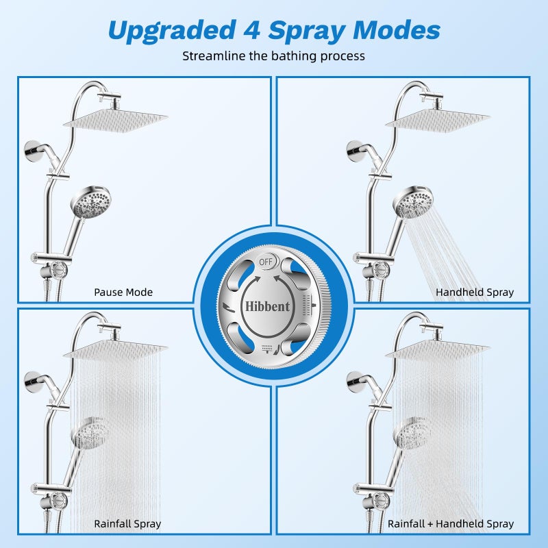 Hibbent cUPC Certified All Metal 10" Rainfall Showerhead Combo, High Pressure Shower Head with 10-Spray Mode Handheld, Innovative 4-way Diverter with Pause Mode, 71'' Shower Hose and Holder, Chrome - Image 3