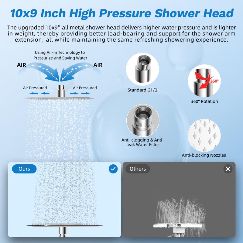 Hibbent cUPC Certified All Metal 10" Rainfall Showerhead Combo, High Pressure Shower Head with 10-Spray Mode Handheld, Innovative 4-way Diverter with Pause Mode, 71'' Shower Hose and Holder, Chrome - Image 4
