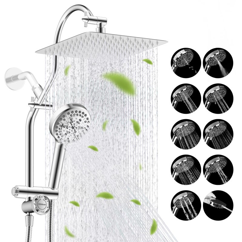 Hibbent cUPC Certified All Metal 10" Rainfall Showerhead Combo, High Pressure Shower Head with 10-Spray Mode Handheld, Innovative 4-way Diverter with Pause Mode, 71'' Shower Hose and Holder, Chrome - Image 1