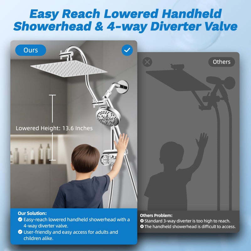 Hibbent cUPC Certified All Metal 10" Rainfall Showerhead Combo, High Pressure Shower Head with 10-Spray Mode Handheld, Innovative 4-way Diverter with Pause Mode, 71'' Shower Hose and Holder, Chrome - Image 5