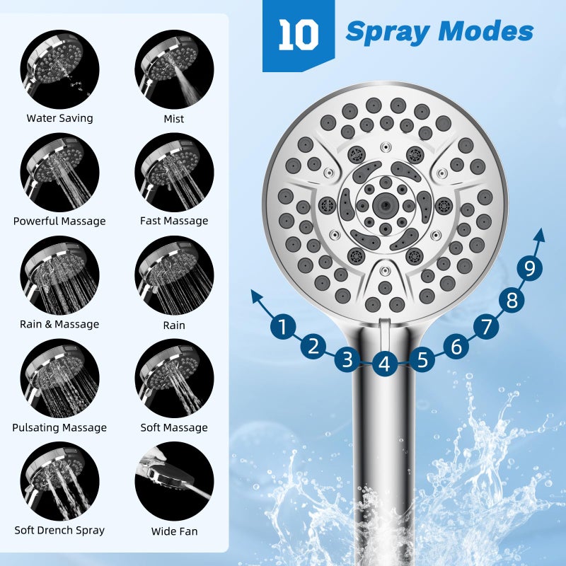 Hibbent cUPC Certified All Metal 10" Rainfall Showerhead Combo, High Pressure Shower Head with 10-Spray Mode Handheld, Innovative 4-way Diverter with Pause Mode, 71'' Shower Hose and Holder, Chrome - Image 2