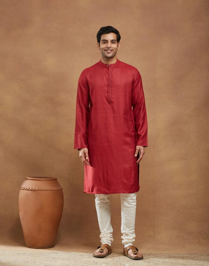 فاب انديا Red Viscose Silk Slim Fit Long Kurta