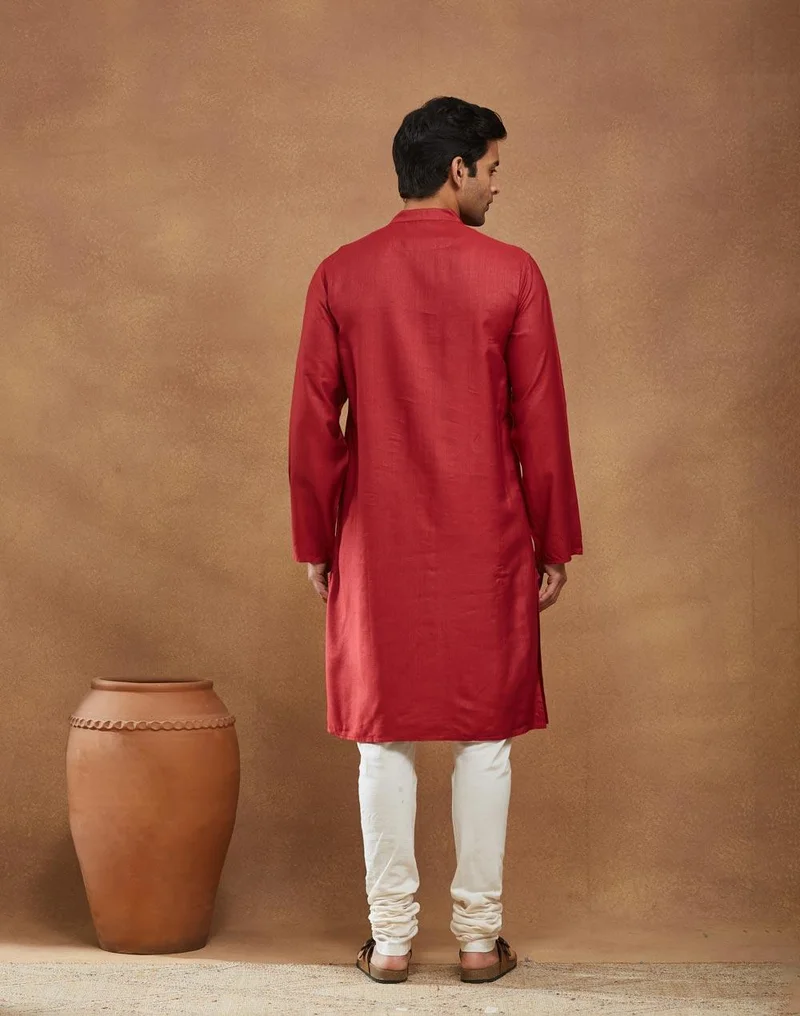 Fabindia Red Viscose Silk Slim Fit Long Kurta