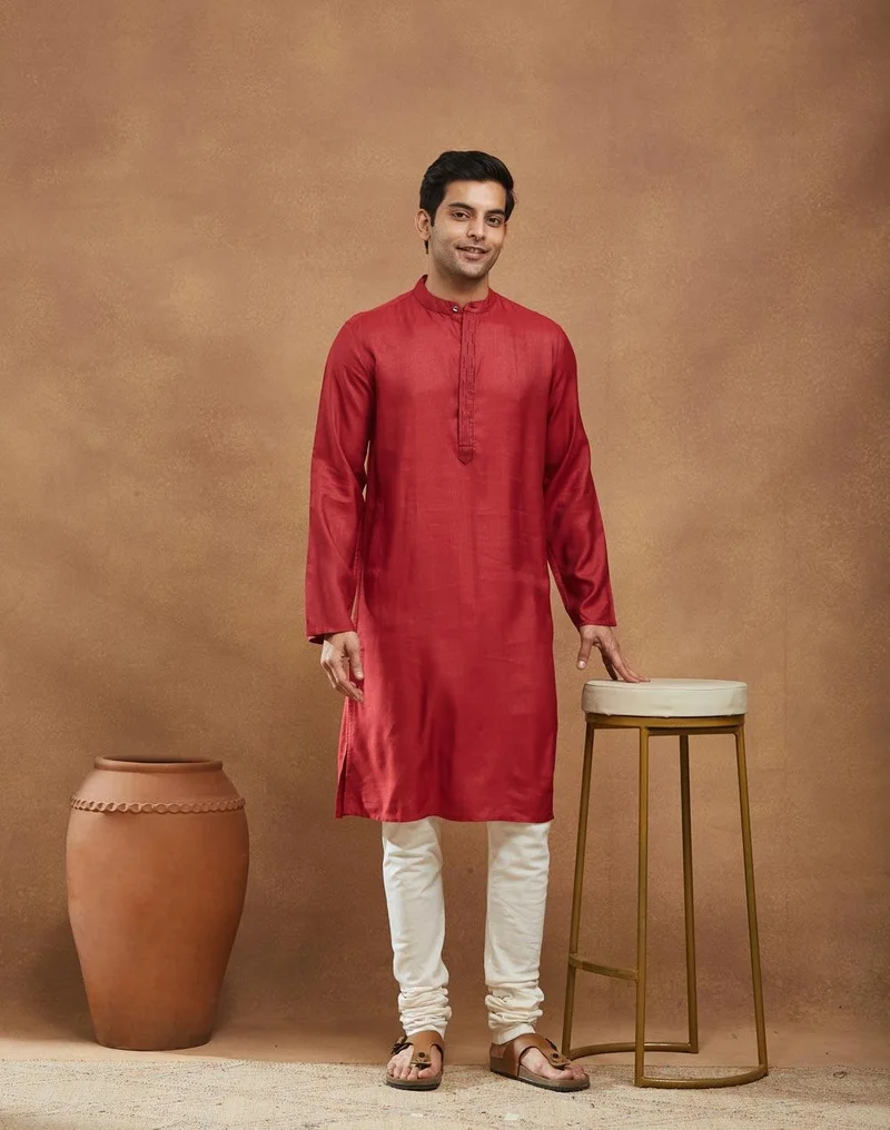 فاب انديا Red Viscose Silk Slim Fit Long Kurta
