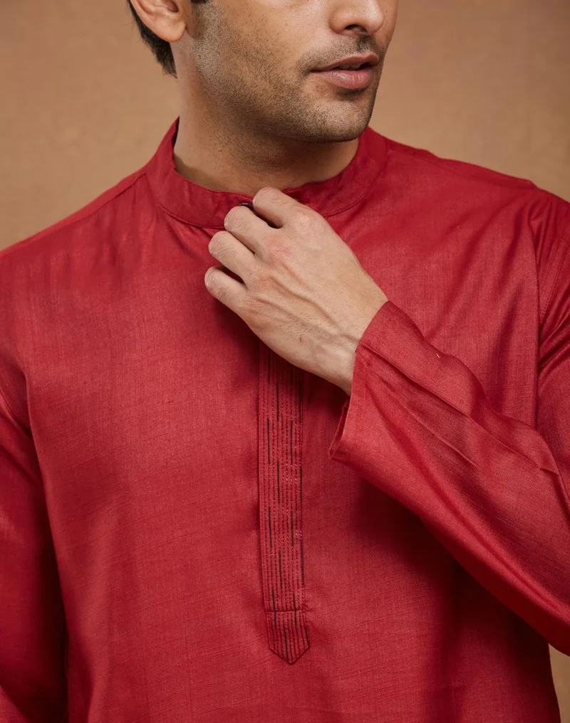 Fabindia Red Viscose Silk Slim Fit Long Kurta