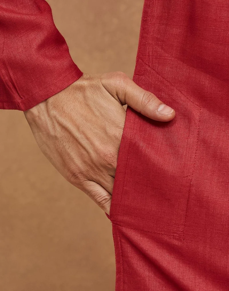 Fabindia Red Viscose Silk Slim Fit Long Kurta