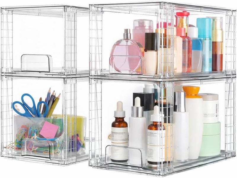 UREVO 4 PACK Large Plastic Stackable Storage Drawers - Clear Acrylic Organizer for Vanity, Kitchen, and Pantry - Image 1