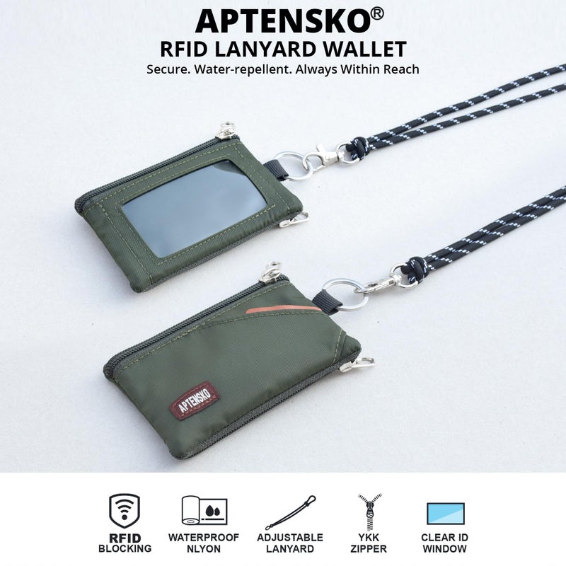 APTENSKO RFID Blocking Travel Wallet with Adjustable Lanyard, Small Nylon Zipper Pouch and Badge Holder for ID, Credit Cards, Cash, Keys, Commuters (AmyGreen) - Image 2