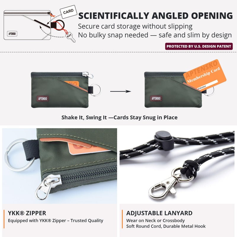 APTENSKO RFID Blocking Travel Wallet with Adjustable Lanyard, Small Nylon Zipper Pouch and Badge Holder for ID, Credit Cards, Cash, Keys, Commuters (AmyGreen) - Image 5