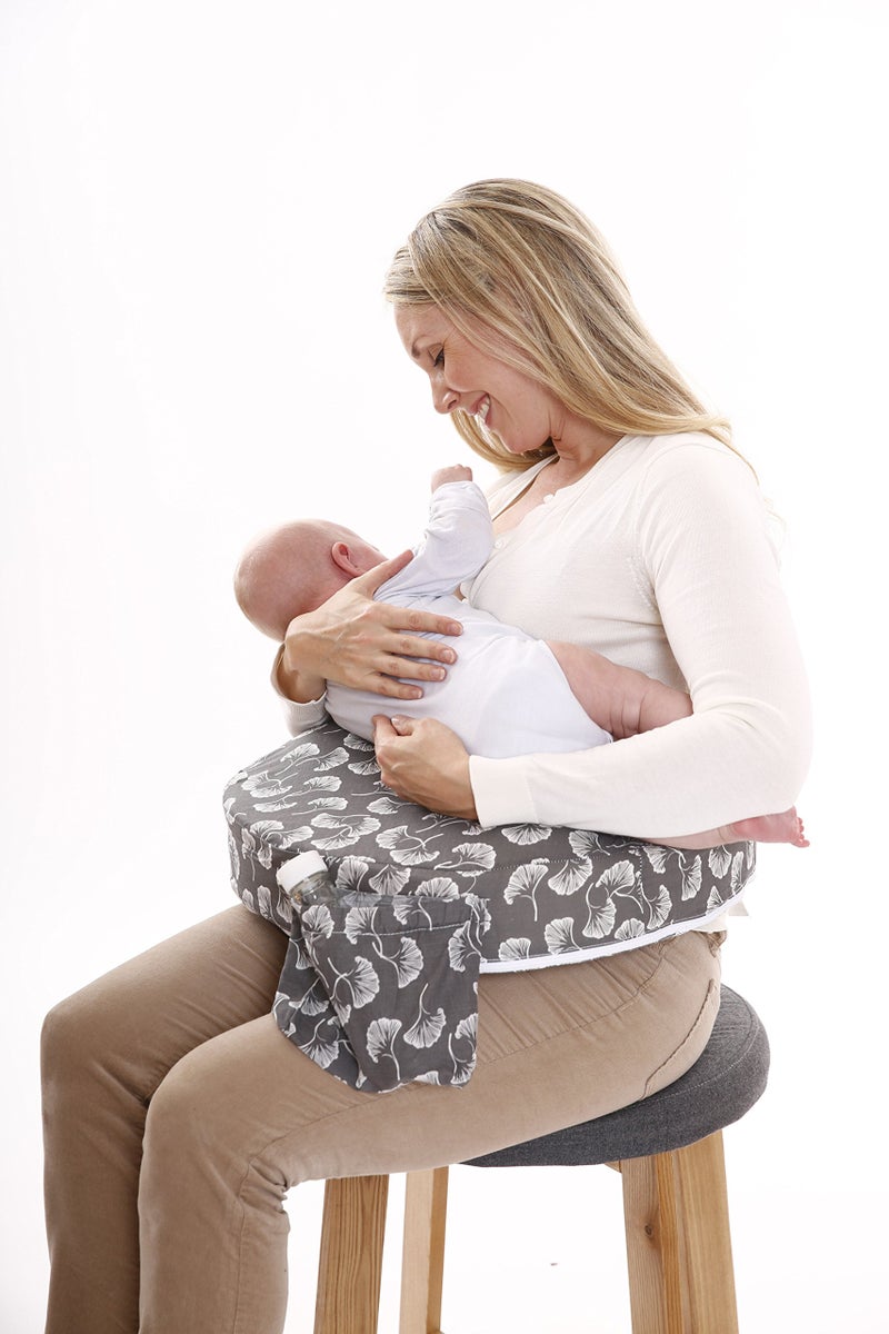 My Brest Friend Original Nursing Pillow Enhanced Ergonomics Essential Breastfeeding Pillow Support For Mom & Baby W/ Convenient Side Pocket, Double Straps & Slipcover, Grey Flowing Fans - Image 2