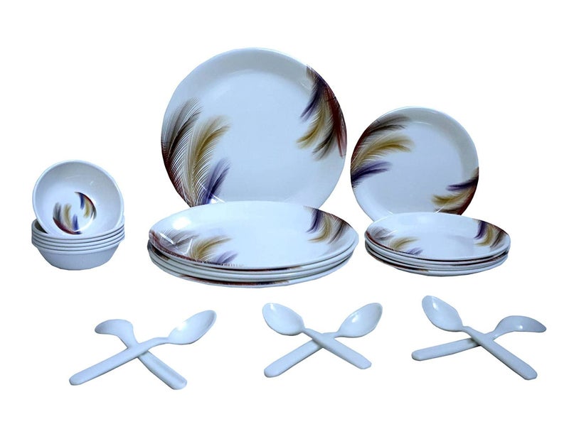 DRIZLING® Melamine Feather Print Dinner Set - 6 Full Size Dinner Plates, 6 Half/Quarter Plates, 6 Bowl, 6 Table Spoon Set, (Pack of 24). - Image 3