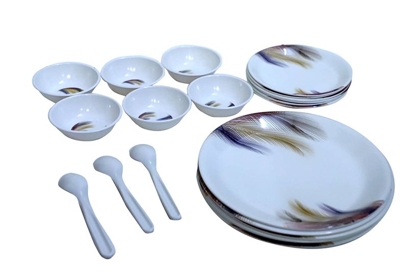 DRIZLING® Melamine Feather Print Dinner Set - 6 Full Size Dinner Plates, 6 Half/Quarter Plates, 6 Bowl, 6 Table Spoon Set, (Pack of 24). - Image 2