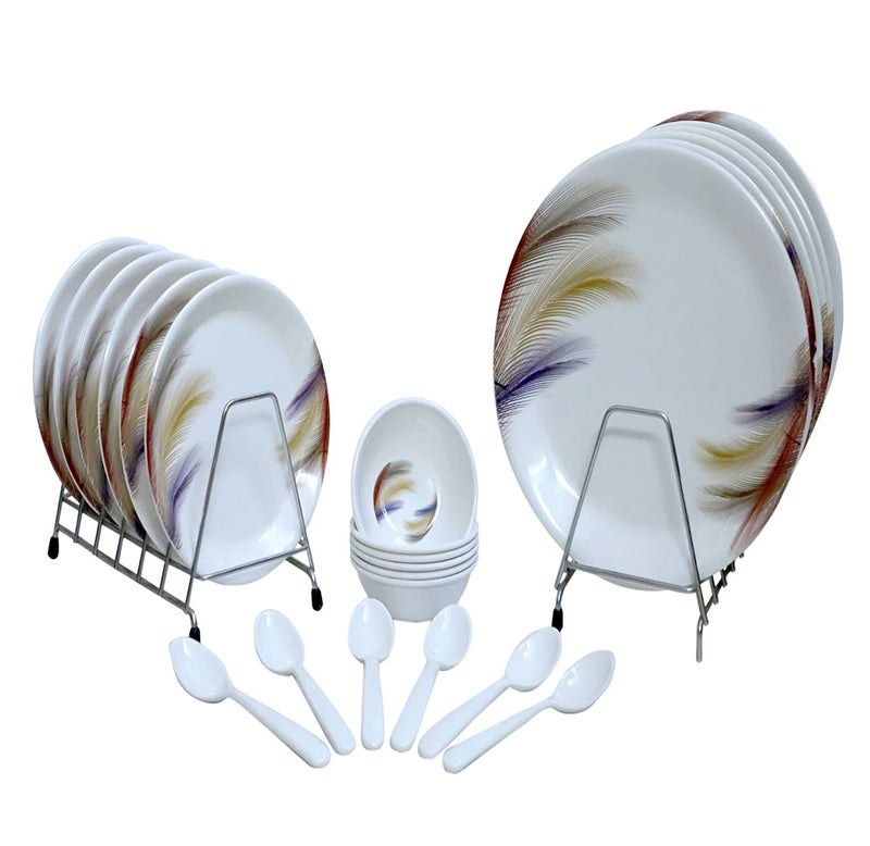 DRIZLING® Melamine Feather Print Dinner Set - 6 Full Size Dinner Plates, 6 Half/Quarter Plates, 6 Bowl, 6 Table Spoon Set, (Pack of 24). - Image 1