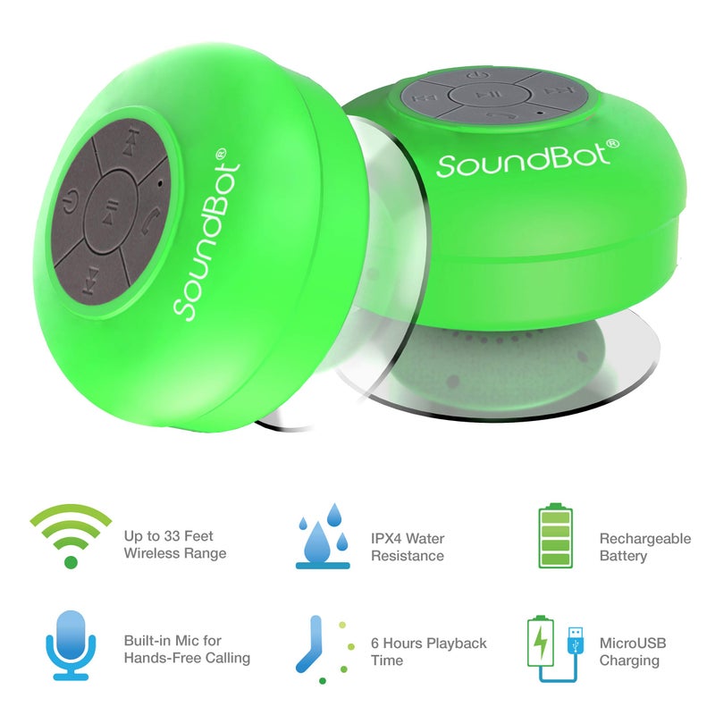 SoundBot سماعة شاور مقاومة للماء من SoundbotÂ® HD مقاومة للماء بلوتوث مع خاصية الاتصال الحر محمولة مع أصوات واضحة وعالية 6+ ساعات من وقت التشغيل، كوب شفط لاسلكي صغير متين للاستخدام في الهواء الطلق والسفر والمنزل SB510 (أخضر) - Image 4