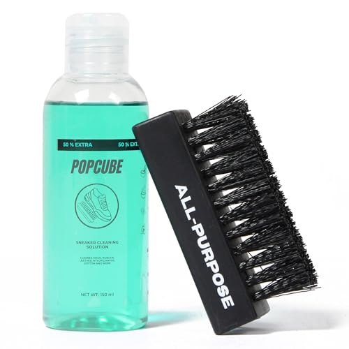 POPCUBE Basic Shoe Cleaning Kit 150 ml Shoe Cleaner & 1 All Purpose Bristle Shoe Cleaner Brush, Travel Friendly White Shoe Care Kit, Shoe Cleaner Kit For Sneakers, Sports Shoe Cleaner Foam Spray - Image 1