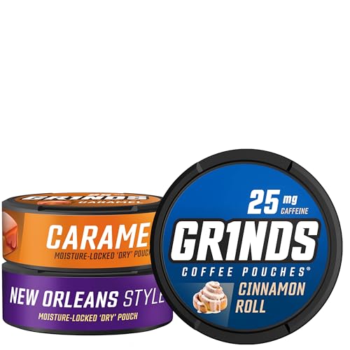 Grinds Coffee Pouches | New 3 Can Sampler | Caramel, New Orleans, Cinnamon Roll | 1 Pouch eq. 1/4 Cup of Coffee (New 3 Can Sampler Pack) - Image 1