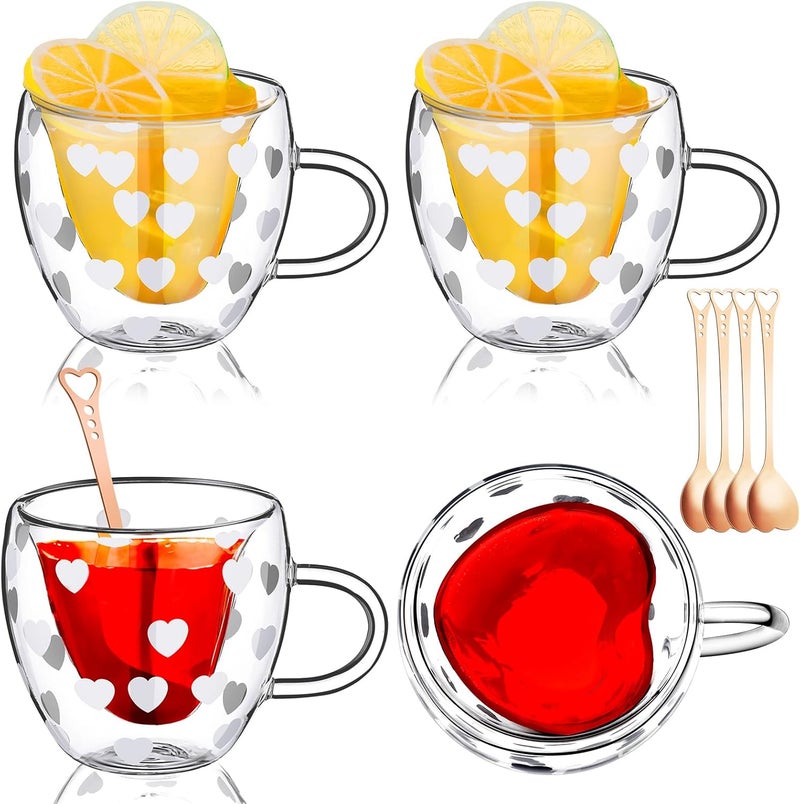 FillTouch 4 قطع أكواب على شكل قلب هدية قلب مزدوج الجدار 24 أونصة زجاج معزول كوب قهوة مع مقبض أكواب شاي شفافة لحفل زفاف هدية لامرأة عيد ميلاد صديقة - Image 1
