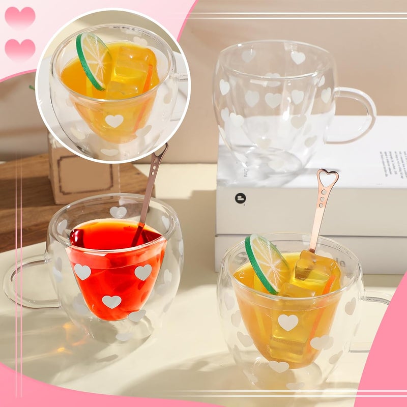 FillTouch 4 قطع أكواب على شكل قلب هدية قلب مزدوج الجدار 24 أونصة زجاج معزول كوب قهوة مع مقبض أكواب شاي شفافة لحفل زفاف هدية لامرأة عيد ميلاد صديقة - Image 4