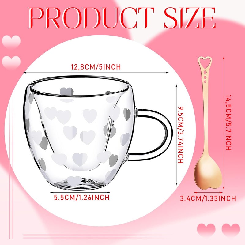 FillTouch 4 قطع أكواب على شكل قلب هدية قلب مزدوج الجدار 24 أونصة زجاج معزول كوب قهوة مع مقبض أكواب شاي شفافة لحفل زفاف هدية لامرأة عيد ميلاد صديقة - Image 2