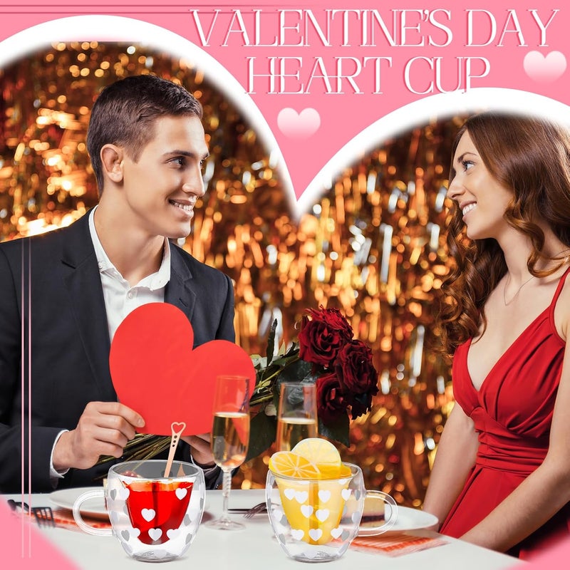 FillTouch 4 قطع أكواب على شكل قلب هدية قلب مزدوج الجدار 24 أونصة زجاج معزول كوب قهوة مع مقبض أكواب شاي شفافة لحفل زفاف هدية لامرأة عيد ميلاد صديقة - Image 3