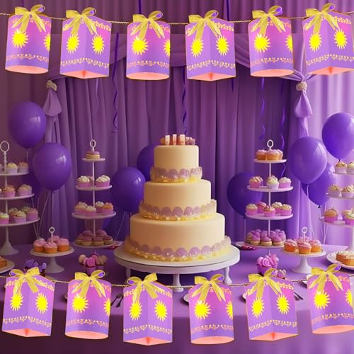 Resholder 20 Pack Princess Sun Hanging Lanterns with LED Light Purple Princess Hanging Paper Lanterns DIY Set Sun Cutout Square Round Decorations for Photo Props Birthday Party(Purple) - Image 4