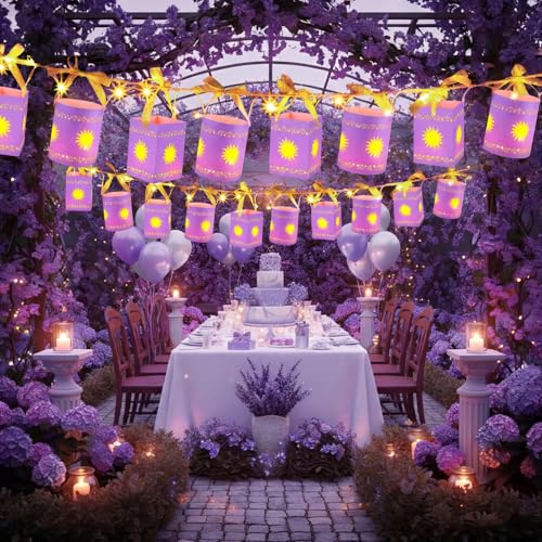 Resholder 20 Pack Princess Sun Hanging Lanterns with LED Light Purple Princess Hanging Paper Lanterns DIY Set Sun Cutout Square Round Decorations for Photo Props Birthday Party(Purple) - Image 5