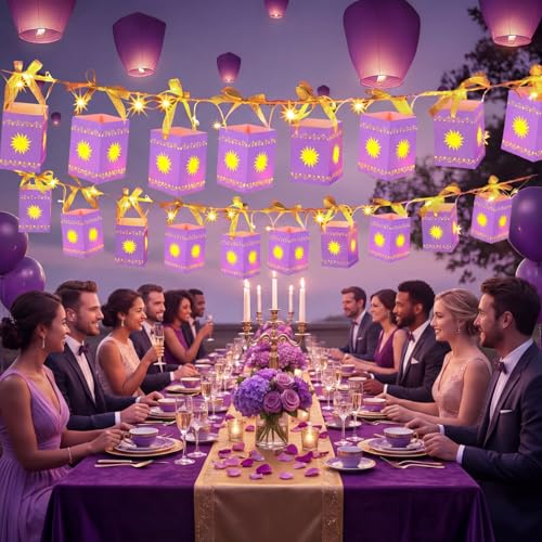 Resholder 20 Pack Princess Sun Hanging Lanterns with LED Light Purple Princess Hanging Paper Lanterns DIY Set Sun Cutout Square Round Decorations for Photo Props Birthday Party(Purple) - Image 3