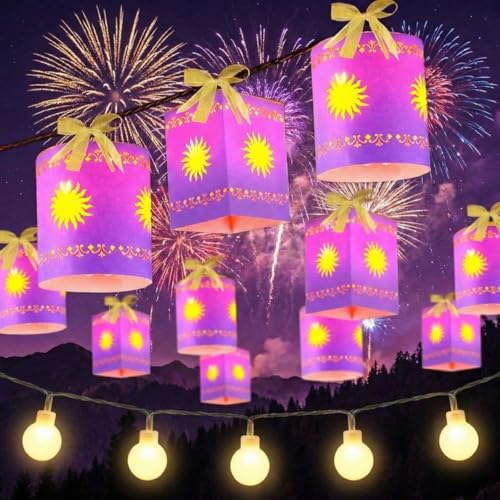 Resholder 20 Pack Princess Sun Hanging Lanterns with LED Light Purple Princess Hanging Paper Lanterns DIY Set Sun Cutout Square Round Decorations for Photo Props Birthday Party(Purple) - Image 1