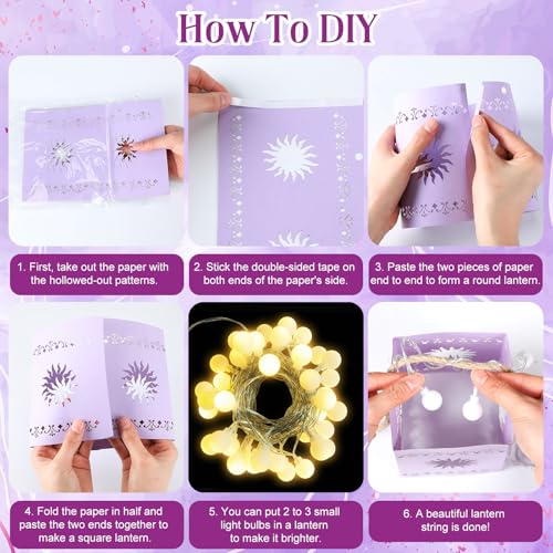 Resholder 20 Pack Princess Sun Hanging Lanterns with LED Light Purple Princess Hanging Paper Lanterns DIY Set Sun Cutout Square Round Decorations for Photo Props Birthday Party(Purple) - Image 2