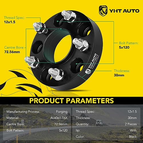 YHTAUTO 5x120 Hub Centric Wheel Spacers 30 mm Compatible with 1974-2016 BMW 1/3/5/6/7/8/M3/M5/M6/Z3/Z4/Z8 Series, w/ M12x1.5 & 12.9 Grade Studs, 72.56 mm Hub Bore 5 Lug 2PCS Black Wheel Spacer - Image 2