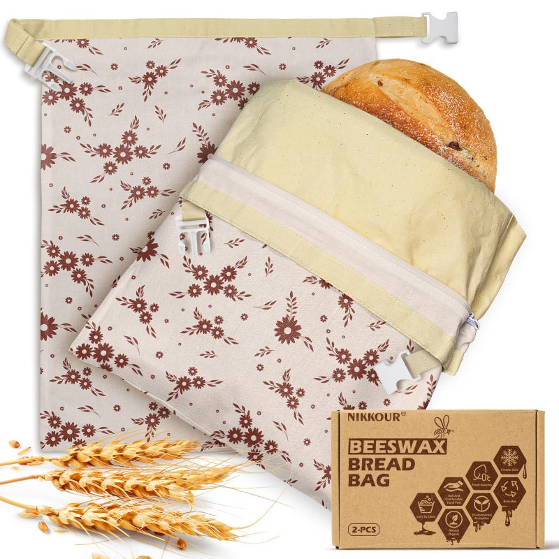 NIKKOUR Large Linen Beeswax Bread Bags(2 Pack) Sourdough Bread Bags Reusable Double-Lock Freezer Baking Container Gift Giving for Homemade,Loaf,Sourdough,Food Storage (Flowers 2) - Image 1