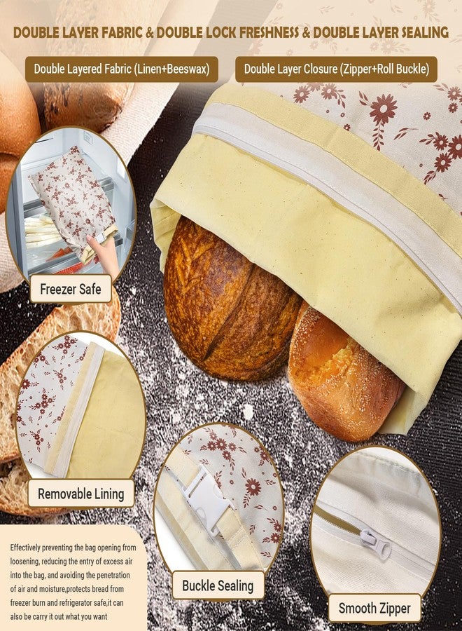 NIKKOUR Large Linen Beeswax Bread Bags(2 Pack) Sourdough Bread Bags Reusable Double-Lock Freezer Baking Container Gift Giving for Homemade,Loaf,Sourdough,Food Storage (Flowers 2) - Image 4