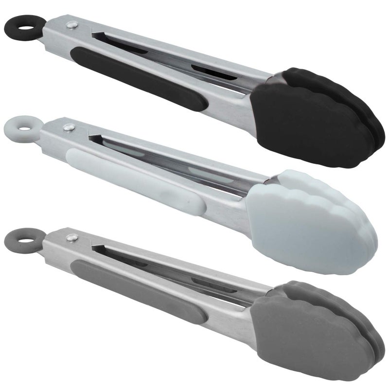 Hinmay HINMAY Small Silicone Tongs 7Inch Mini Serving Tongs Set of 3 Black White Gray 