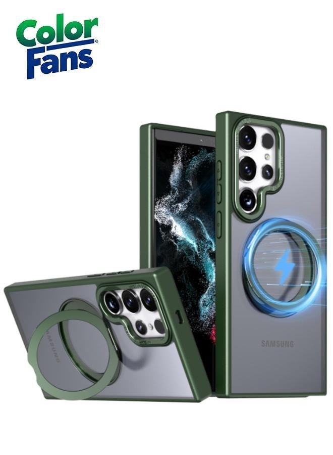 Color Fans Samsung Galaxy S23 Ultra 360° Rotatable Magnetic Ring Holder Case Scratchproof Hard PC Translucent Matte Protective Kickstand Phone Case - Green - Image 1