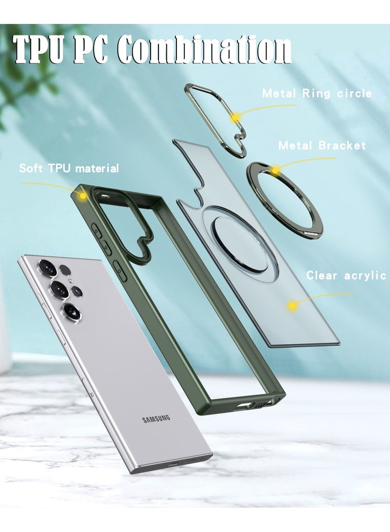 Color Fans Samsung Galaxy S23 Ultra 360° Rotatable Magnetic Ring Holder Case Scratchproof Hard PC Translucent Matte Protective Kickstand Phone Case - Green - Image 4