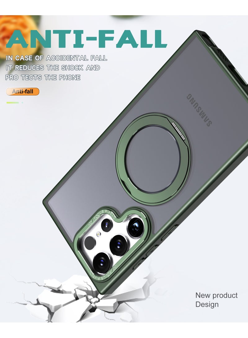 Color Fans Samsung Galaxy S23 Ultra 360° Rotatable Magnetic Ring Holder Case Scratchproof Hard PC Translucent Matte Protective Kickstand Phone Case - Green - Image 3