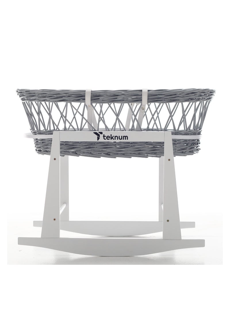TEKNUM Infant Wicker Moses Basket With White Waffle Beddings And White Rocker Stand - Wooden Grey  - Image 4