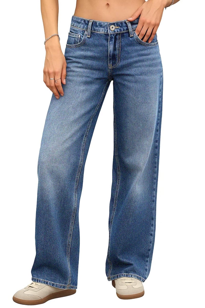 ELLEVEN Low Rise Baggy Jeans for Women Trendy Stretchy Y2K Wide Leg Jeans Boyfriend Straight Leg Denim Pants Blue Denim 2 - Image 1