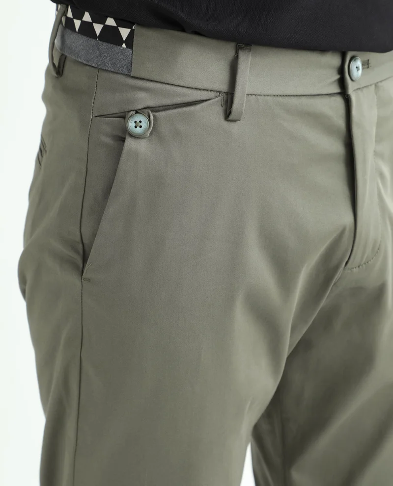 Rare Rabbit Rare Rabbit Men's Daron Olive Solid Mid-Rise Regular Fit Stretch Trousers