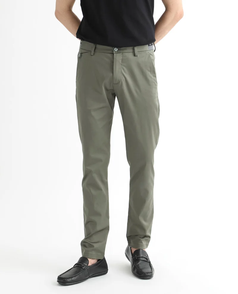 Rare Rabbit Rare Rabbit Men's Daron Olive Solid Mid-Rise Regular Fit Stretch Trousers