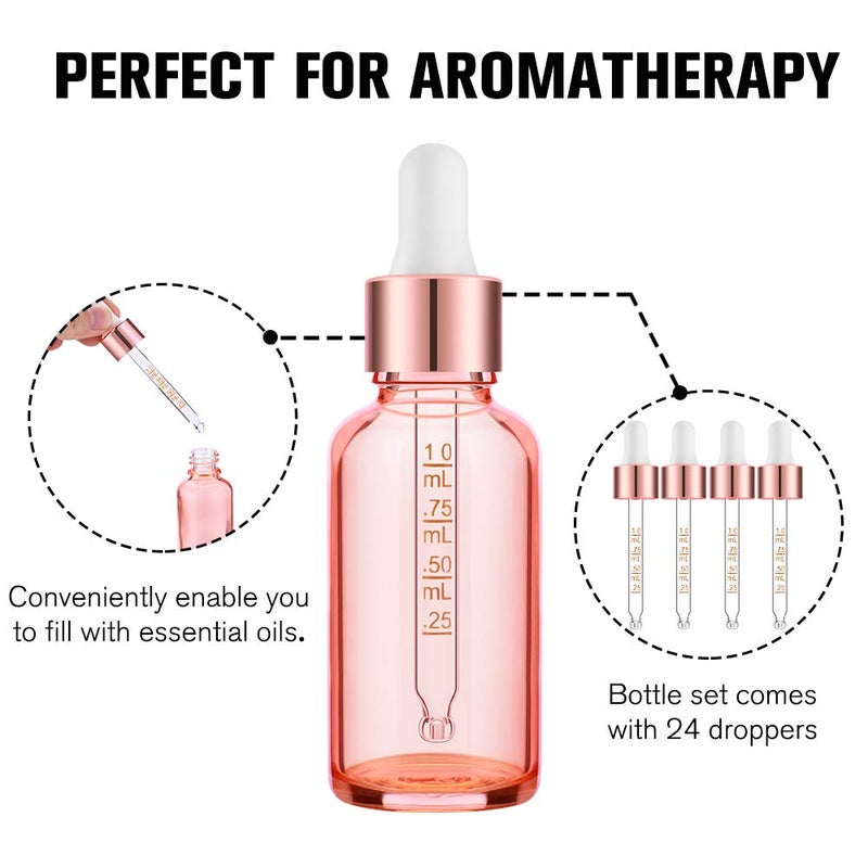 PrettyCare Glass Eye Dropper Bottles 24 Pack, 1oz (30ml) Rose Empty Thick Bottles Bulk with Leakproof Caps - With Labels & Funnels for Storage, Travel, Essential Oils, Cuticle Oils, Tinctures - Image 2