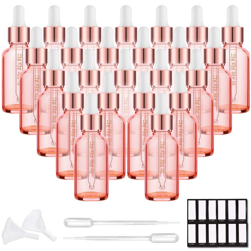 PrettyCare Glass Eye Dropper Bottles 24 Pack, 1oz (30ml) Rose Empty Thick Bottles Bulk with Leakproof Caps - With Labels & Funnels for Storage, Travel, Essential Oils, Cuticle Oils, Tinctures - Image 1