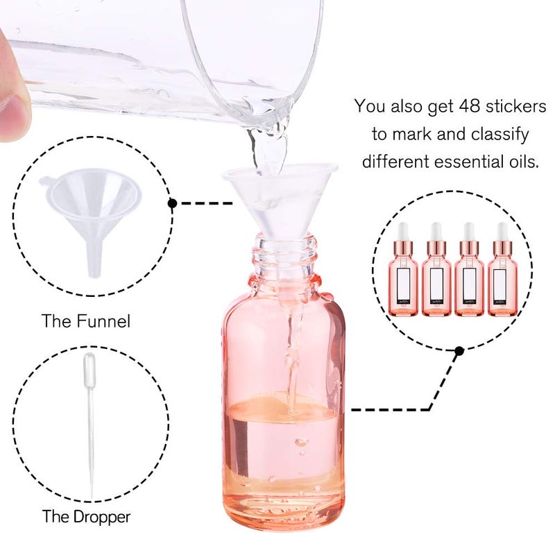PrettyCare Glass Eye Dropper Bottles 24 Pack, 1oz (30ml) Rose Empty Thick Bottles Bulk with Leakproof Caps - With Labels & Funnels for Storage, Travel, Essential Oils, Cuticle Oils, Tinctures - Image 4