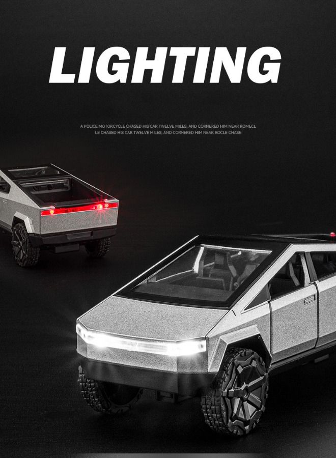 Model car 1 36 tesla pickup car model toy diecast zinc alloy pull back toy car sound and light pull back model car for kids boy girl gift black silver - Image 5